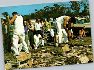 Postcard AUS Victoria Walwa Men chopping wood at country show