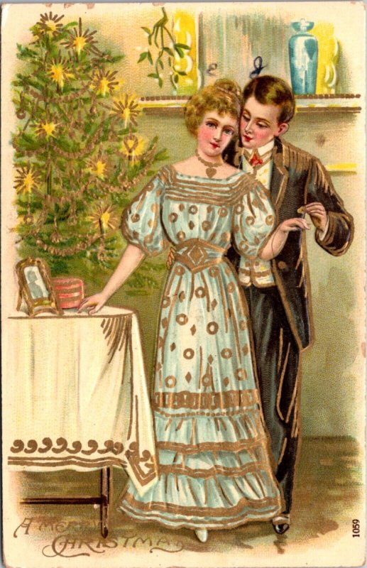 Christmas Postcard Romantic Husband Wife Man Woman Embrace Candlelit Tree