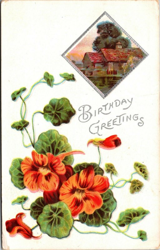  BIRTHDAY GREETINGS - COTTAGE - HOUSE - FLOWERS NATURE SCENE - VINTAGE POSTCARD 