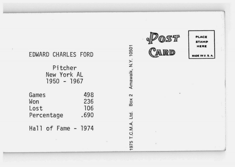 1973 Whitey Ford New York Yankees All Time Tcma Greats Postcard b & w Hof Vg-Ex 