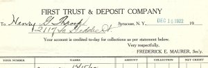 1922 FIRST TRUST & DEPOSIT CO SYRACUSE NEW YORK STATEMENT HENRY THROOK Z4580