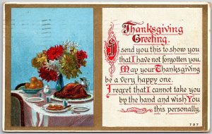 1911 Thanksgiving Greetings Dining Table With Food On Top Posted Postcard