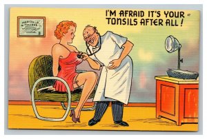 Vintage 1940's Comic Postcard Doctor Examining Busty Women's Tonsils - Risqué