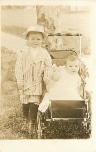 Victorian Big Brother~Striped Suit~Short Pants~Baby~Vintage Carriage~1910 RPPC