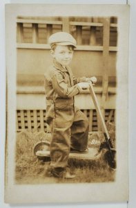 Real Photo ADORABLE BOY OFF TO WORK on Scooter Wearing COVERALLS Postcard P11
