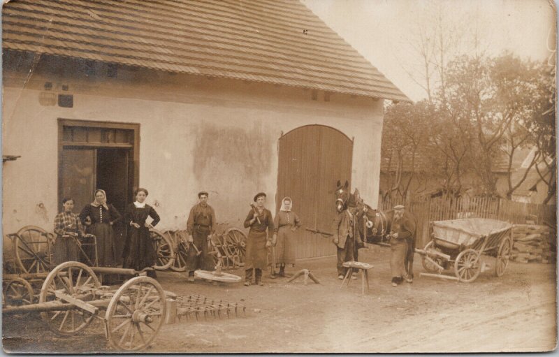 Men & Women Workers Wheels Labour Tools Unknown Location Real Photo Postcard G53