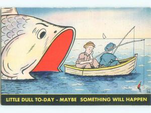 Unused Linen comic fishing FISHERMEN SWALLOWED BY GIANT FISH k3967