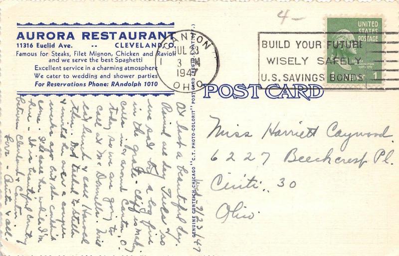 E38/ Cleveland Ohio Roadside Postcard 1947 Linen Aurora Restaurant Interior