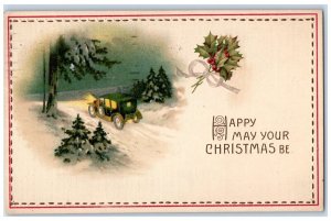 1914 Christmas Car Pine Trees Winter Snow Holly Berries Buffalo NY Postcard