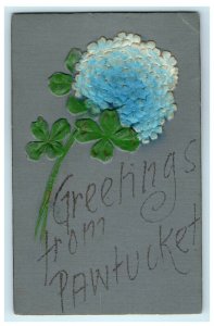 1930 Blue Flower Print, Greetings from Pawtucket, Rhode Island, RI Postcard