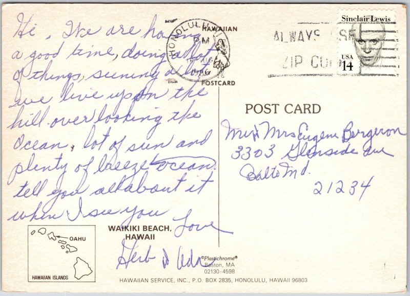 1986 Aloha From Waikiki Beach Hawaii HI Hotels Beach Resorts Posted Postcard