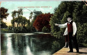 Chicago, Illinois - Man and Son Fishing in Washington Park - in 1908
