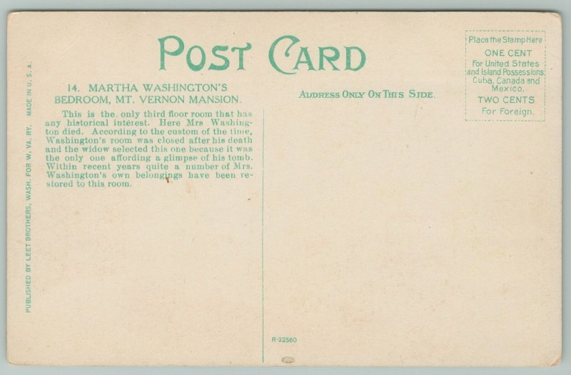 Mt Vernon Virginia~Martha Washington's Bedroom~c1910 Postcard