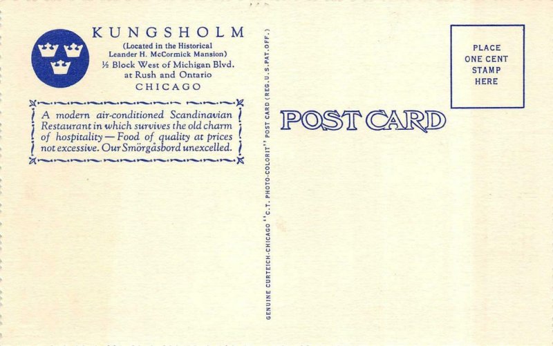 CHICAGO, IL Illinois KUNGSHOLM RESTAURANT~Lauritz Melchior Room c1940's Postcard