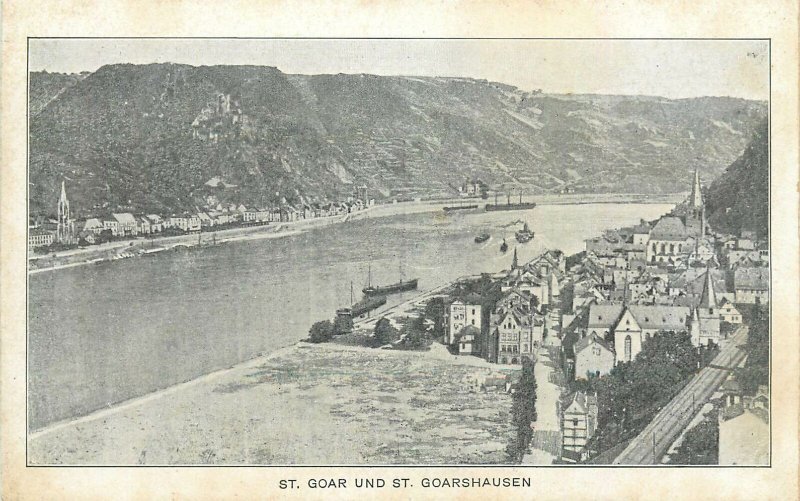 Postcard Germany goar und st goarshausen city panoramic river boat port church