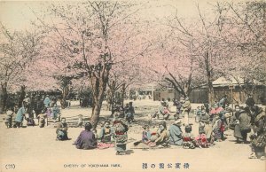 Hand Colored Lithograph Postcard Cherry Blossoms and People Yokohama Park Japan