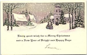 c1915 MERRY CHRISTMAS HAPPY NEW YEAR CHURCH SNOW TOWN SCENE POSTCARD 41-179