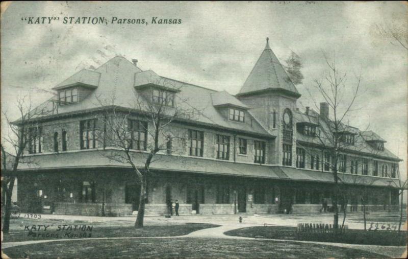 Parsons KS KATY RR Train Station Depot 1907 Used Postcard