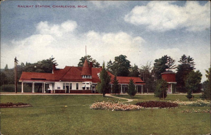 Charlevoix Michigan MI Railway Train Station Depot c1910 Vintage Postcard