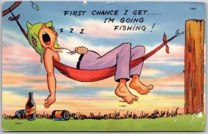 1954 First Chance I Get..I'm Going Fishing! Drunk Boy Sleeping Comic Postcard