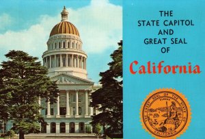 VINTAGE CONTINENTAL SIZE POSTCARD STATE CAPITOL AND GREAT SEAL OF CALIFORNIA