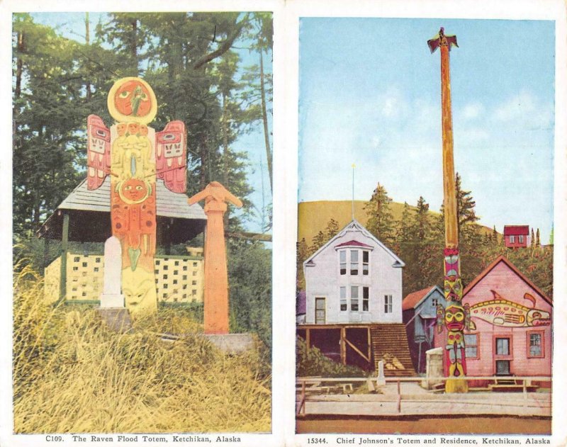 KETCHIKAN, AK Alaska  RAVEN FLOOD & CHIEF JOHNSON'S TOTEMS Two c1920's Postcards