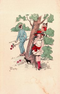 Artist Signed John Blackwithe Woman Hiding From Man Dog Vintage Postcard C367