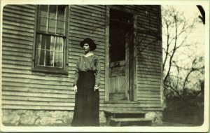 RPPC Young Woman in front of Wood House Bertha Mang Real Photo Postcard