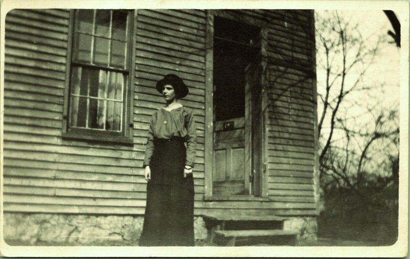 RPPC Young Woman in front of Wood House Bertha Mang Real Photo Postcard