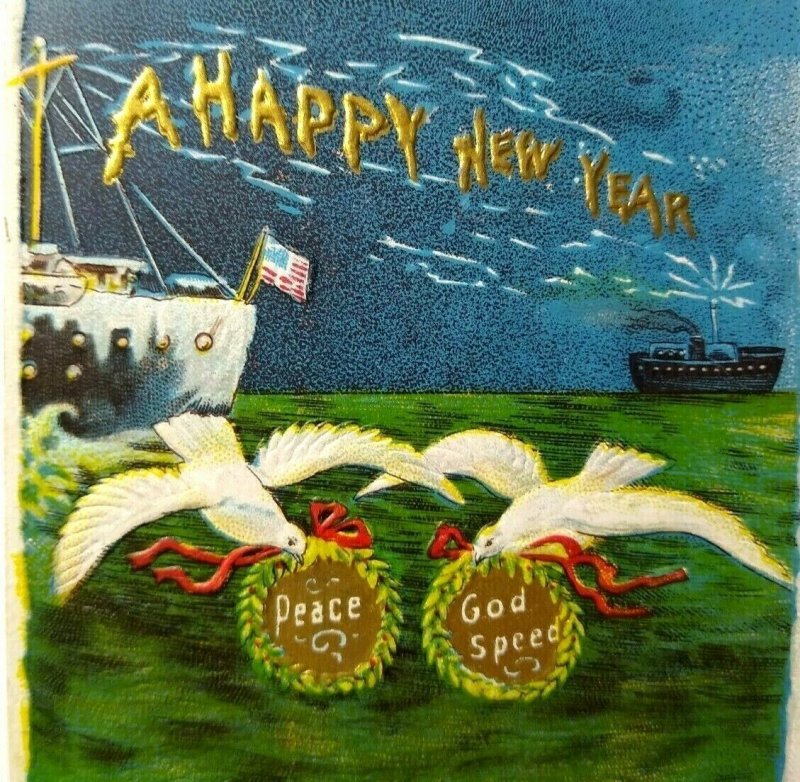 Antique New Years Postcard Ship Boats Harbor Seagulls Peace God Speed Series 209