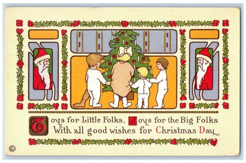 c1910's Christmas Santa Claus Childrens Christmas Tree Holly Embossed Postcard 