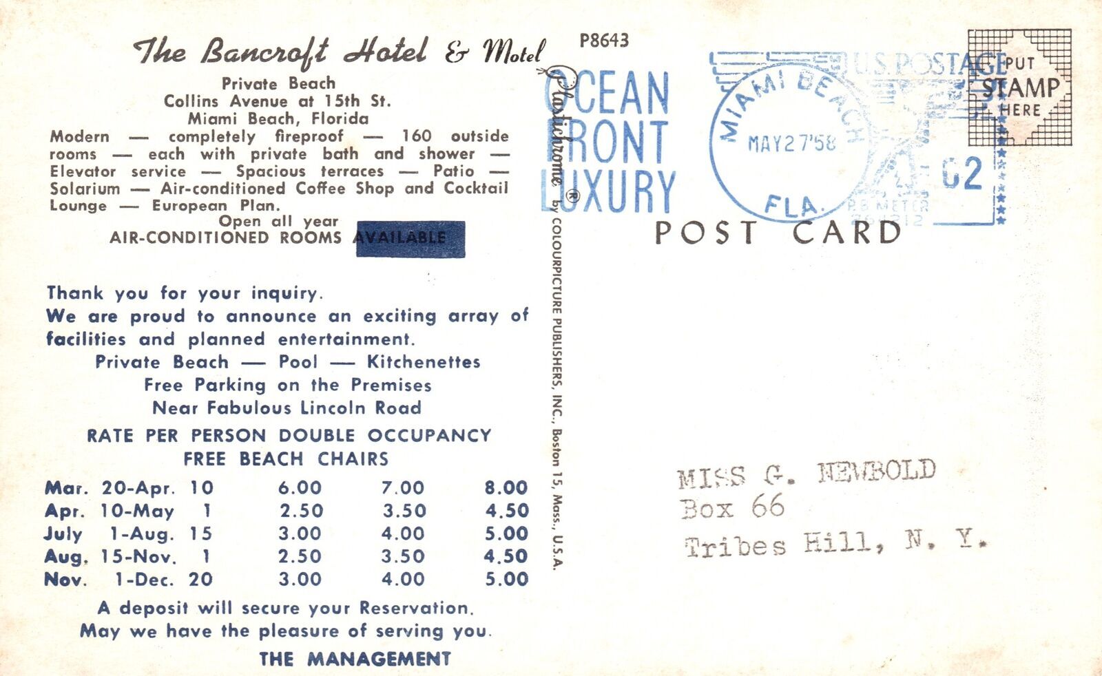 Vintage Postcard 1950S The Bancroft Hotel & Motel Private Beach Miami