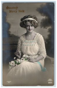 1911 New Year Slovakia Pretty Woman Cury Hair Chicago Illinois IL Postcard