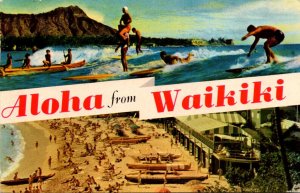 Hawaii Honolulu Aloha From Hawaii Split View Waikiki Beach and Surfers