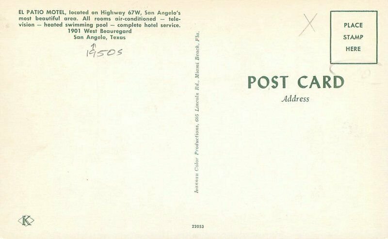 El Patio Motel swimming Pool San Angelo Texas 1950s Hannau Postcard 20-9981
