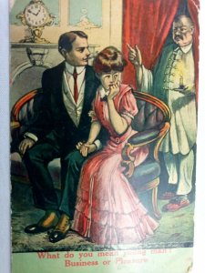 Vintage Postcard 1910 What do you mean young man?  Business or Pleasure 
