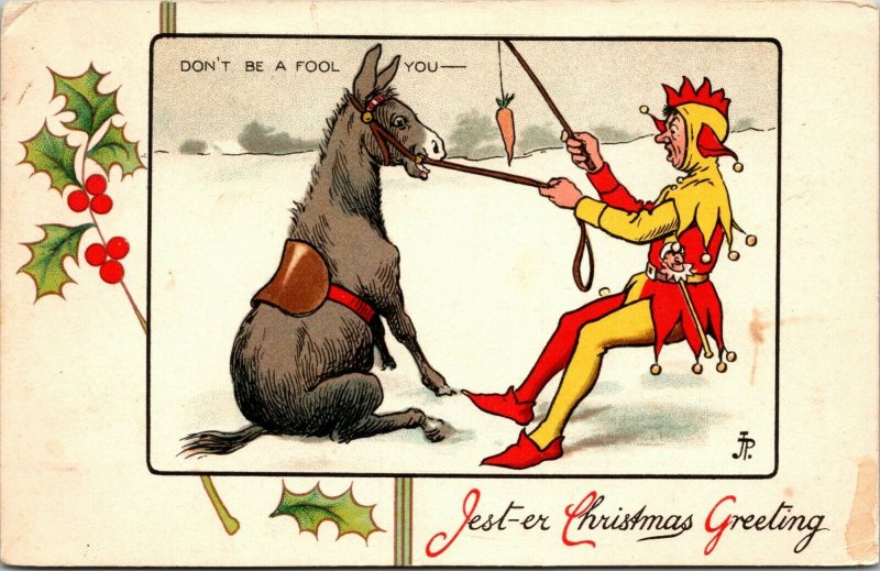 RARE - JESTER Donkey's - Christmas Tuck Postcard - 8239 - JEST-ER VINTAGE