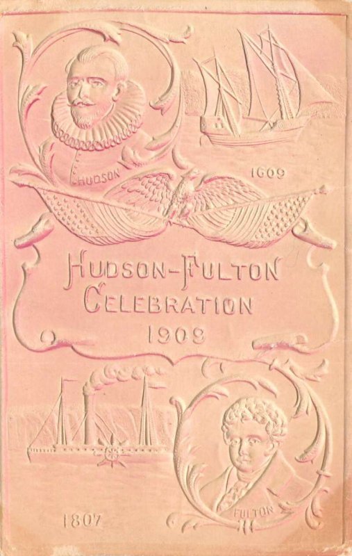 1909 Hudson Fulton Celebration Greetings Embossed Airbrushed Postcard AA74563