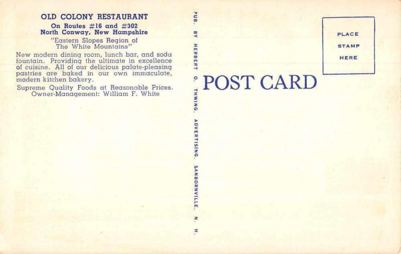 North Conway New Hampshire Main Street Old Colony Restaurant Postcard J78172