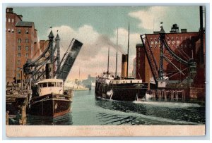 1908 Jack Knife Bridge Ferry Boat Docks Smokestacks Buffalo New York NY Postcard