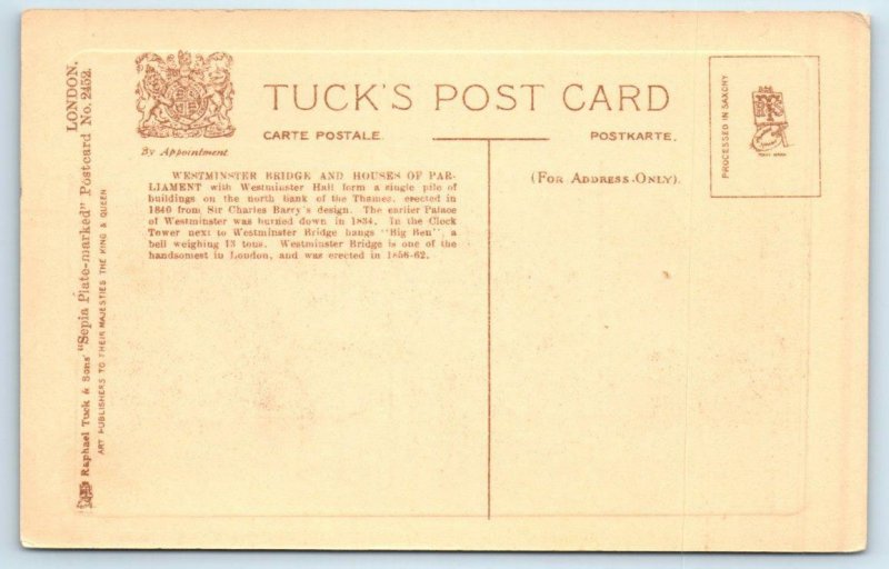 LONDON, ENGLAND Embossed WESTMINSTER BRIDGE Houses of Parliament Tuck Postcard