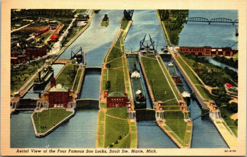 Sault Ste. Marie, Michigan, MI, The Locks, linen Vintage Postcard