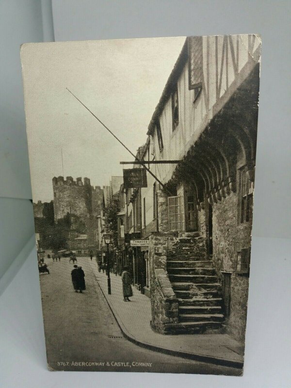 Vintage  Postcard Aberconway Town & Castle 1930s Street View Tobacco Shop