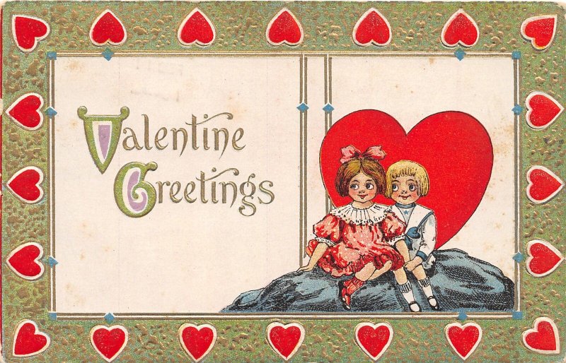 G19/ Valentine's Day Love Holiday Postcard c1910 Heart Border Kids 13