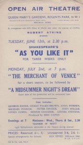 As You Like It Shakespeare Regents Park Open Air Theatre Flyer Handbill