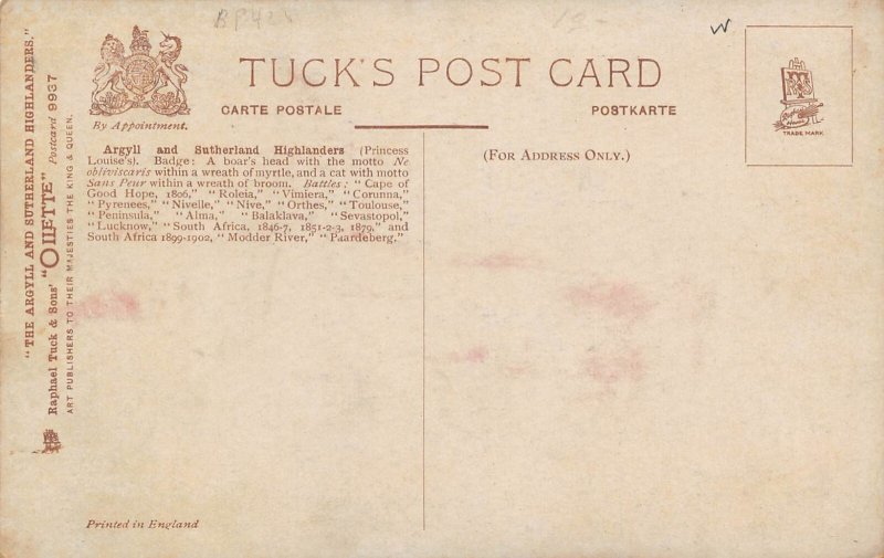 Marching Order Argyll Sutherland Highlanders British Army 1910c Tuck postcard