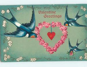 Pre-Linen valentine BLUEBIRD BIRDS & HEART MADE OF PINK ROSE FLOWERS HJ2333