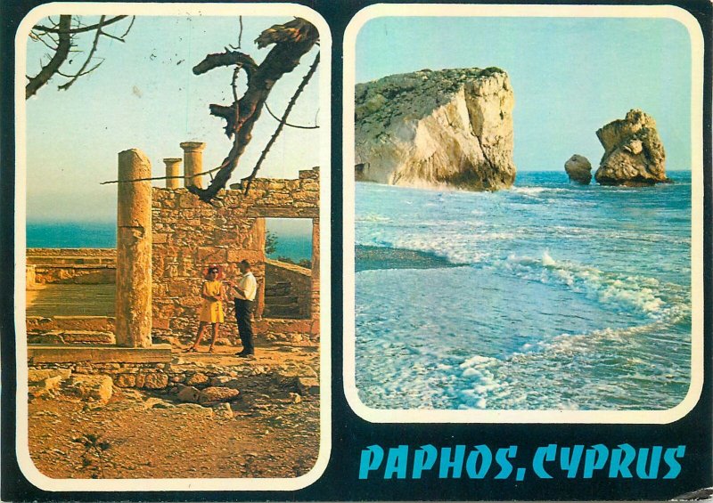 Postcard Cyprus multi view paphos ruins cliff rocks stone waves ocean sea