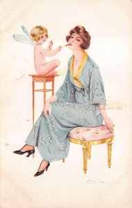 CUPID LIPSTICK WOMAN ARTIST SIGNED MEUNIER FRANCE GLAMOUR POSTCARD (c. 1910)