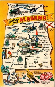 Greetings Alabama Map Card Yellowhammer State Cities Capitol DB Postcard 